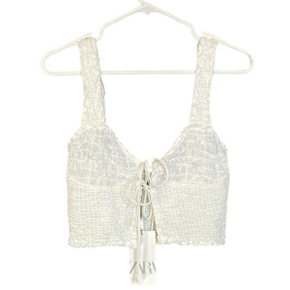 NWT Zara Off-white Smocked Tie Front Crop Tank Top Women's Medium - Picture 1 of 8